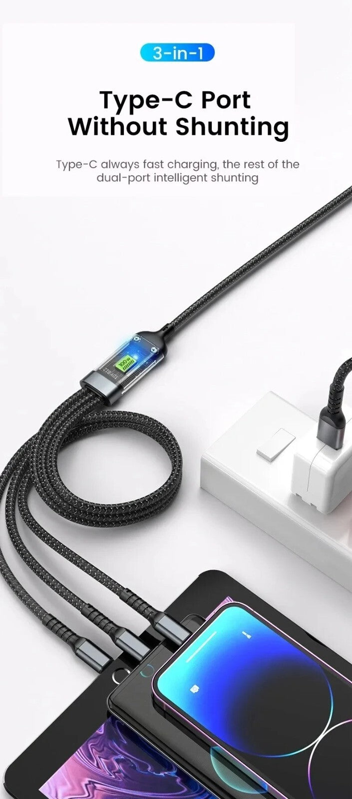 100W 3 in 1 USB Cable Type C Cable for Samsung Xiaomi Huawei Iphone Charger