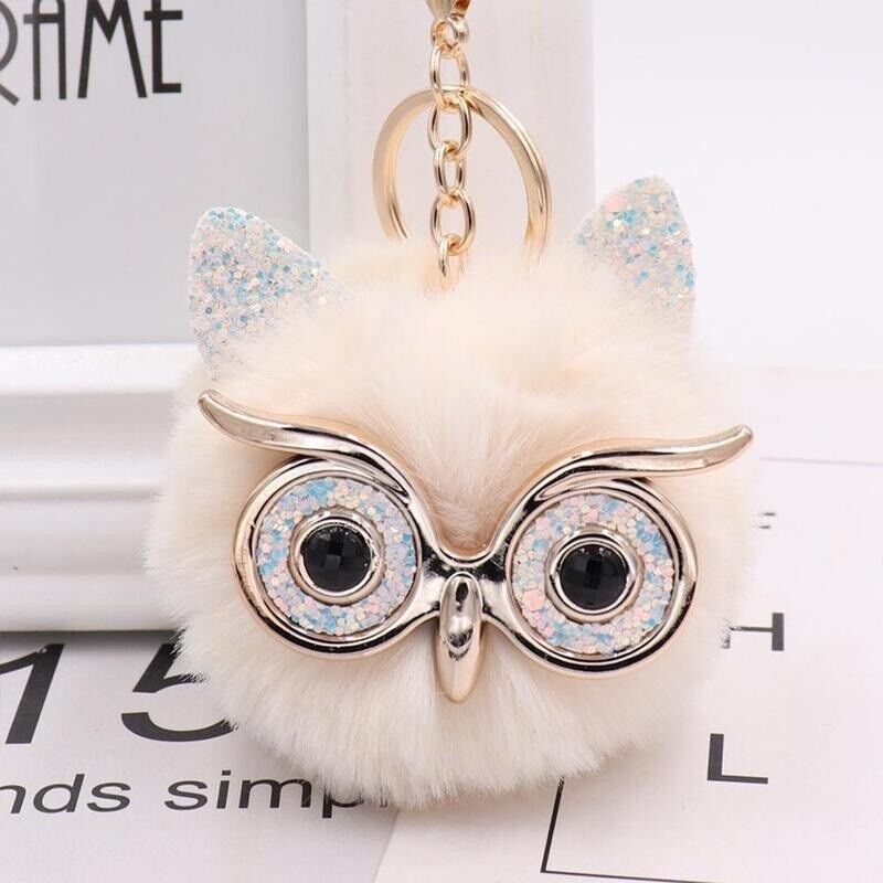 Owl Key Ring Key Chain Rabbit Fur Fluffy Ball Pom Handbag Key Ring (19 Colours)