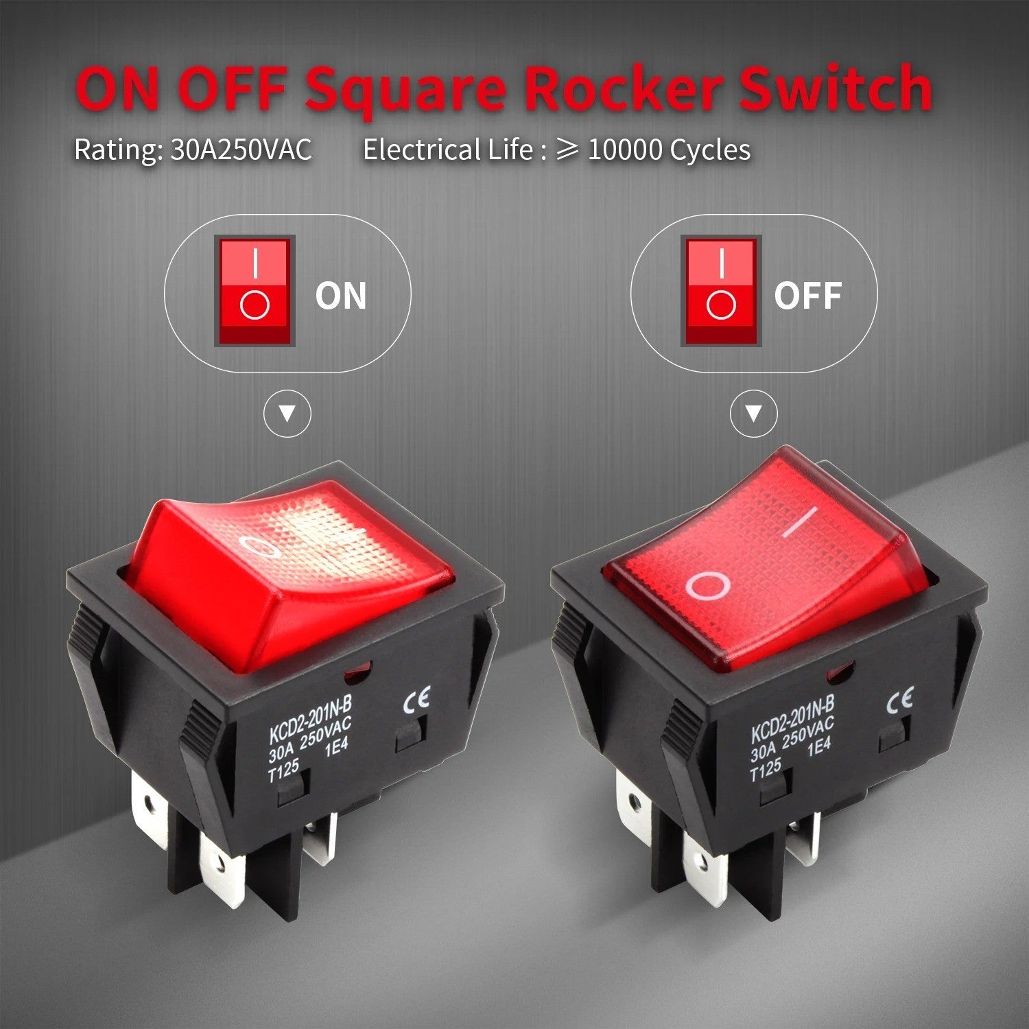1x 30A 250V Heavy Duty KCD2 Rocker Switch ON OFF DPST 4 Pin With Red Light