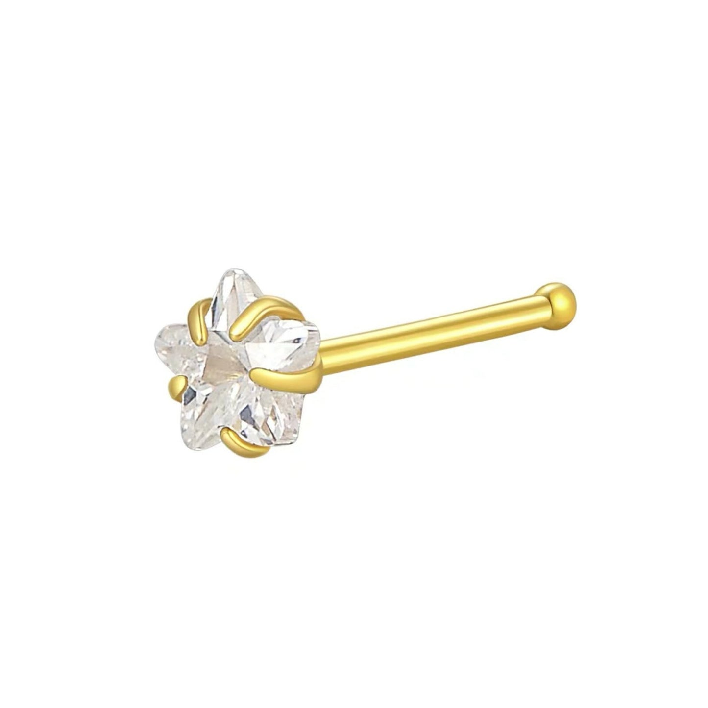 Gold Colour Zircon Star Nose Stud Ring Ball End Piercing Sterling Silver 