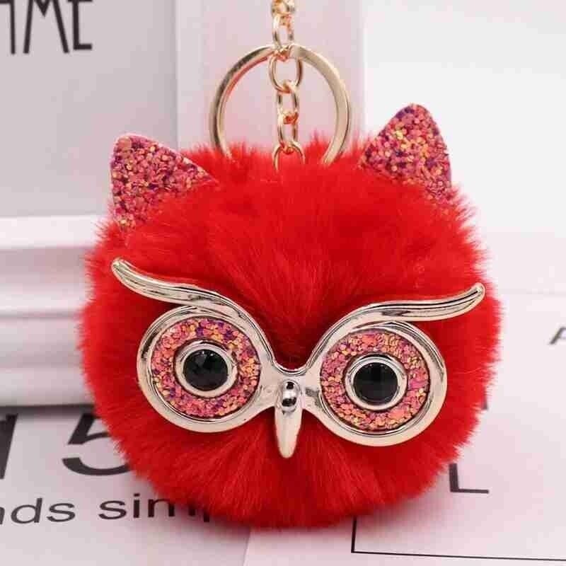 Owl Key Ring Key Chain Rabbit Fur Fluffy Ball Pom Handbag Key Ring (19 Colours)