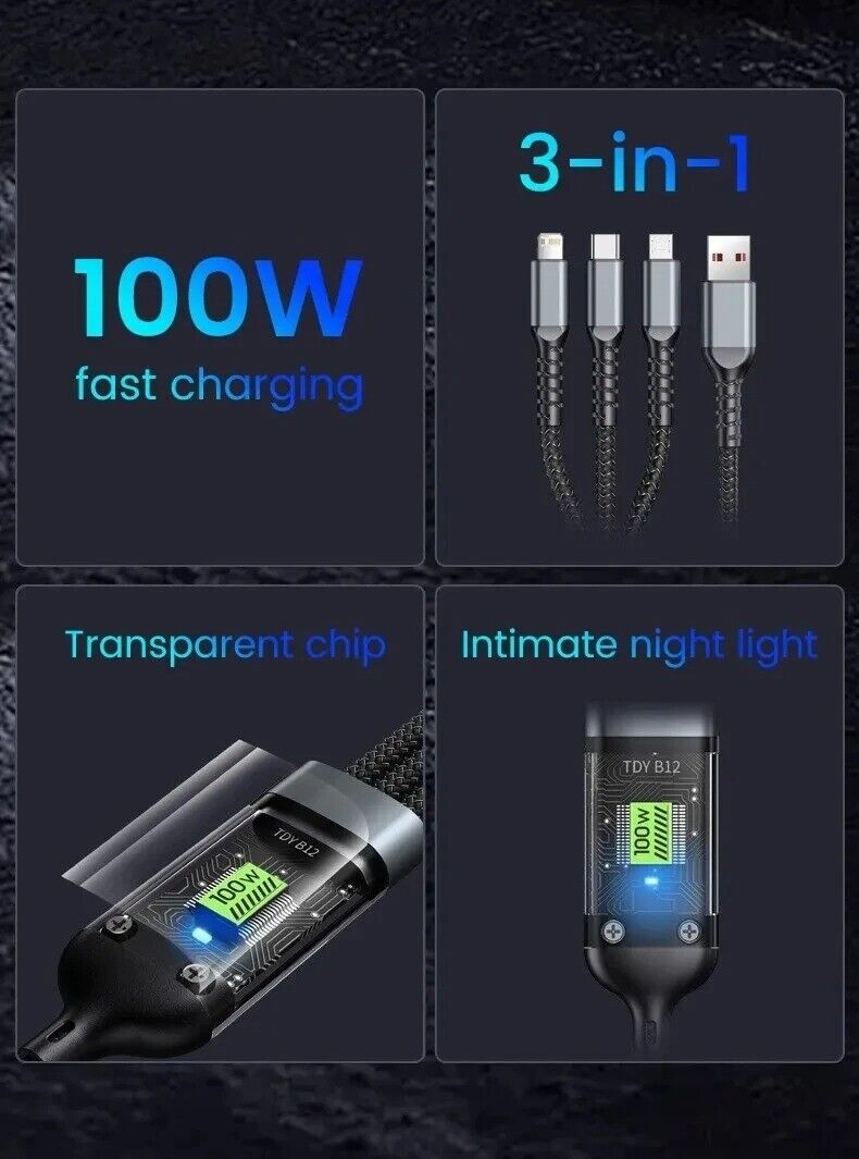 100W 3 in 1 USB Cable Type C Cable for Samsung Xiaomi Huawei Iphone Charger