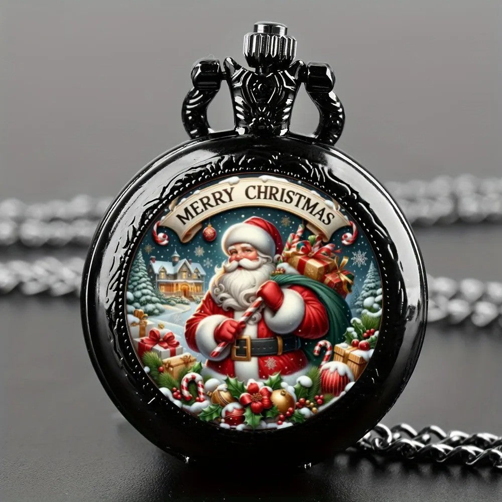 Mini Szie Black Round Santa Claus Design Quartz Pocket Watch