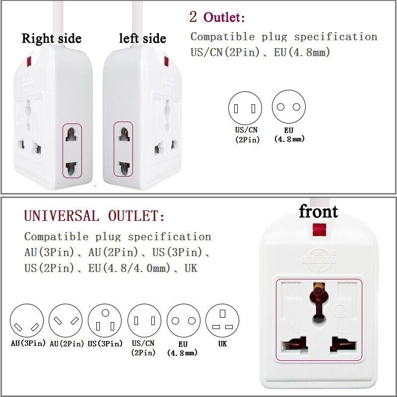 Universal Extension Socket US/EU/UK/AU/CN Plug 10A 250V Wireable Adapter