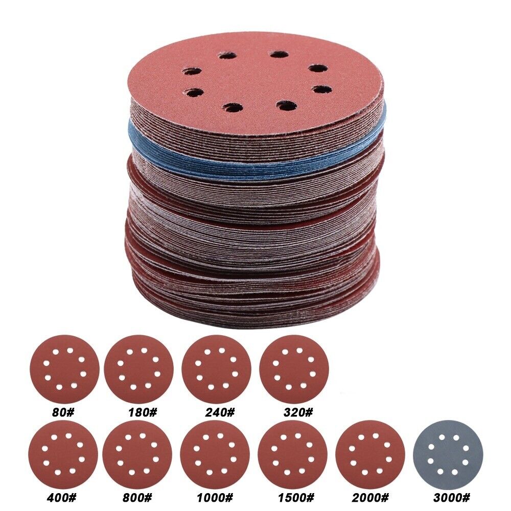 5Inch 125mm Round Sandpaper 8 Holes Disk Sand Sheets Grit 80-3000 Hook