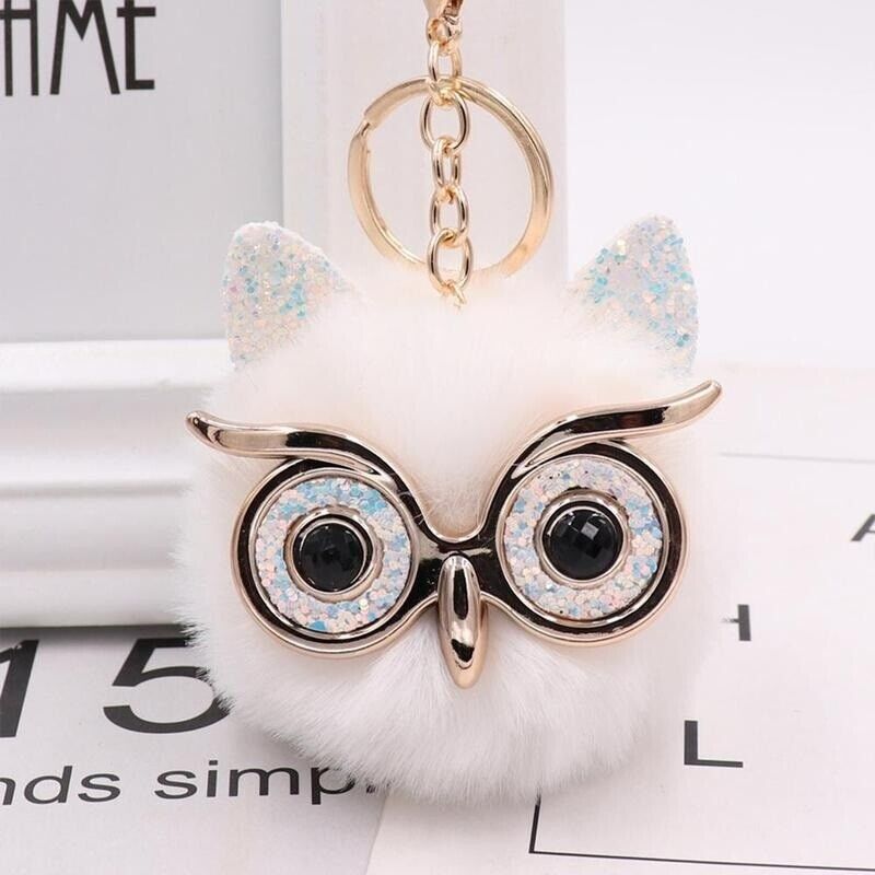 Owl Key Ring Key Chain Rabbit Fur Fluffy Ball Pom Handbag Key Ring (19 Colours)