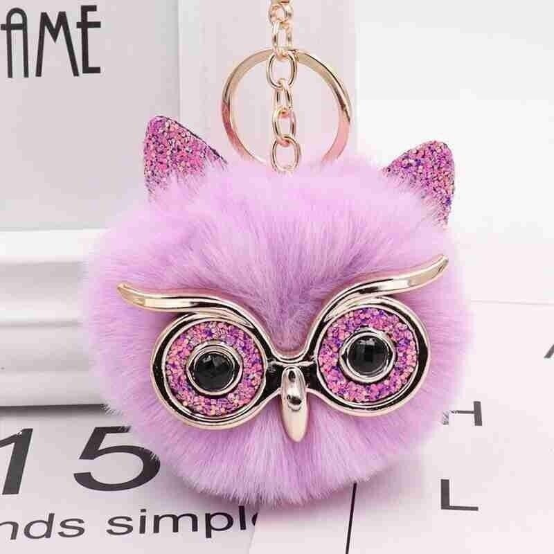 Owl Key Ring Key Chain Rabbit Fur Fluffy Ball Pom Handbag Key Ring (19 Colours)