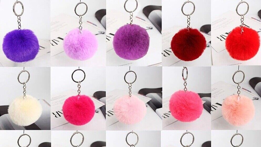 Fake Faux Rabbit Fox Fur Pompom Ball Pom Car Keychain Keyring 6cm (10 Colours)