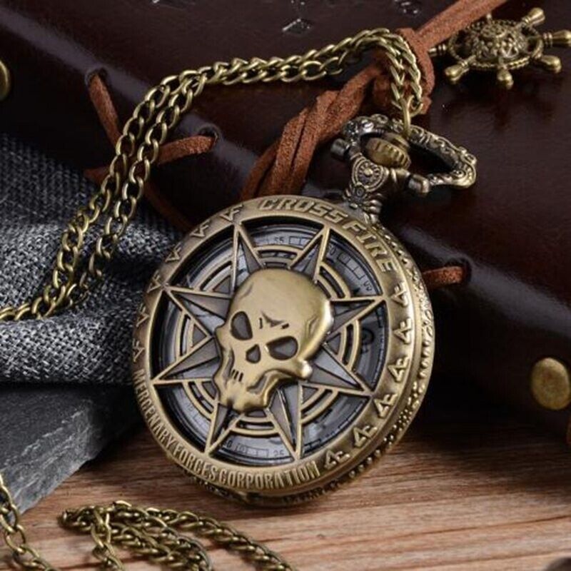 Bronze Steampunk Quartz Pocket Watch Hollow Pirates of The Caribbean Skull