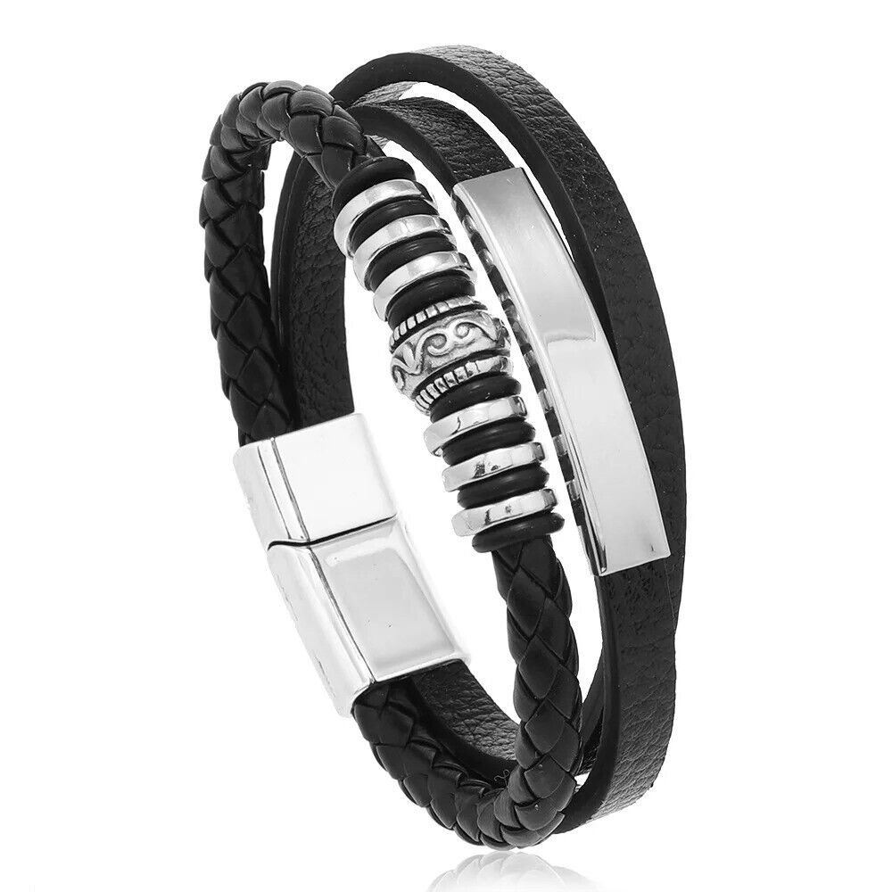 Leather Bracelets for Men Stainless Steel Bracelet 21CM Multilayer Braided Rope