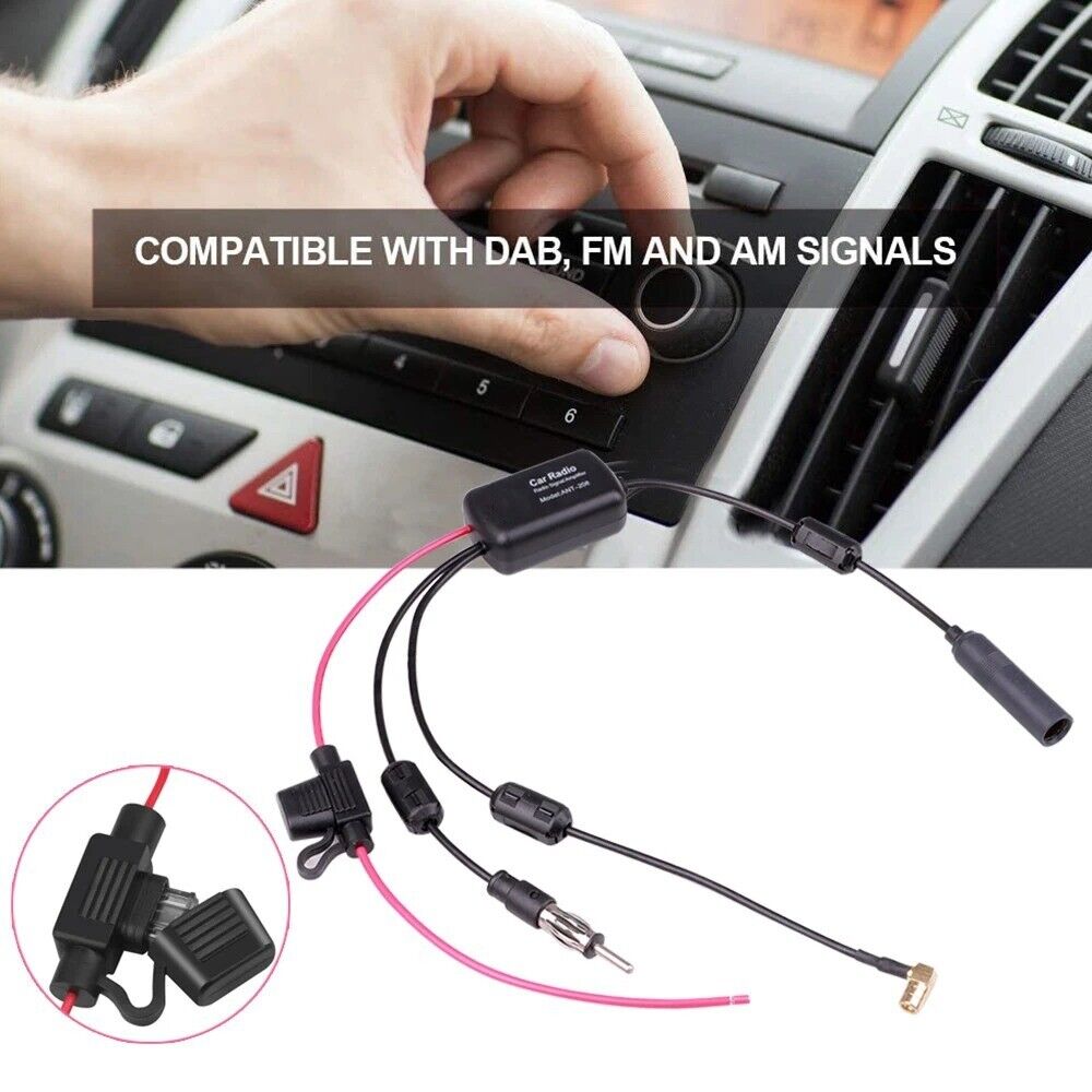 DAB+FM+Car Stereo Antenna Aerial Splitter Cable Adapter 12V Signal Amplifier