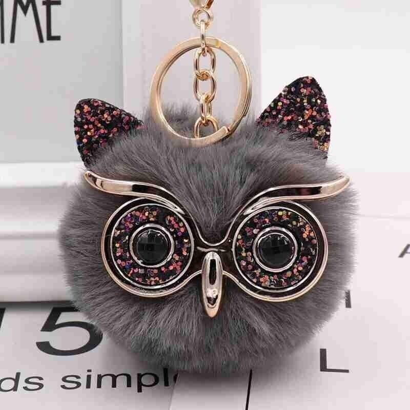 Owl Key Ring Key Chain Rabbit Fur Fluffy Ball Pom Handbag Key Ring (19 Colours)