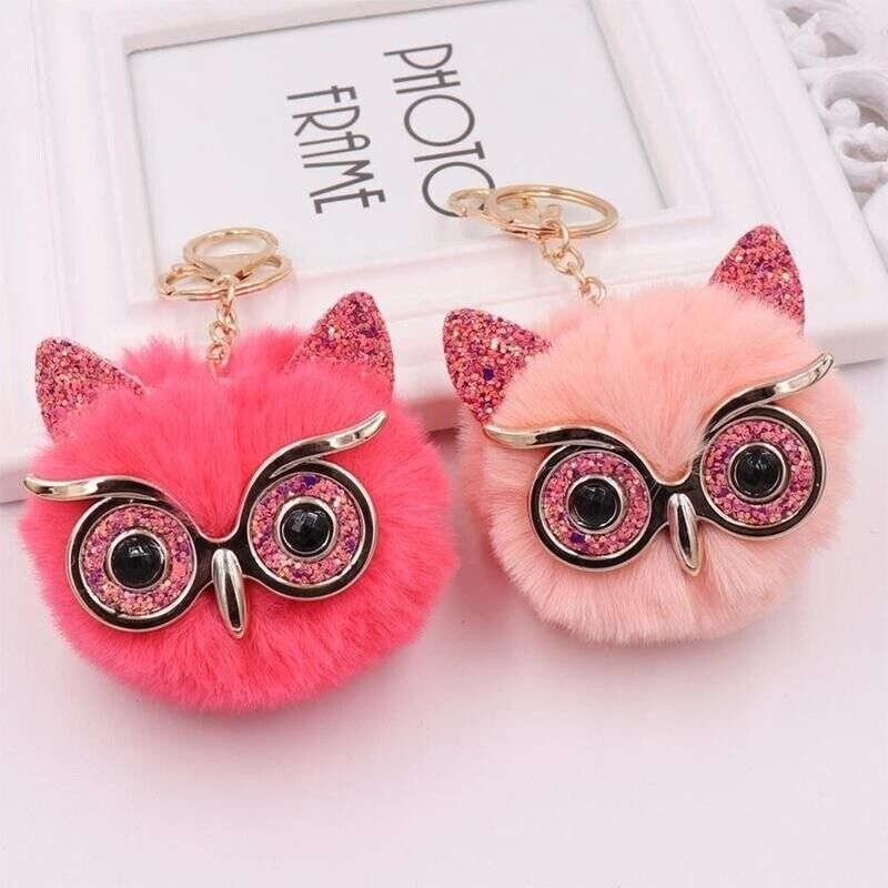 Owl Key Ring Key Chain Rabbit Fur Fluffy Ball Pom Handbag Key Ring (19 Colours)