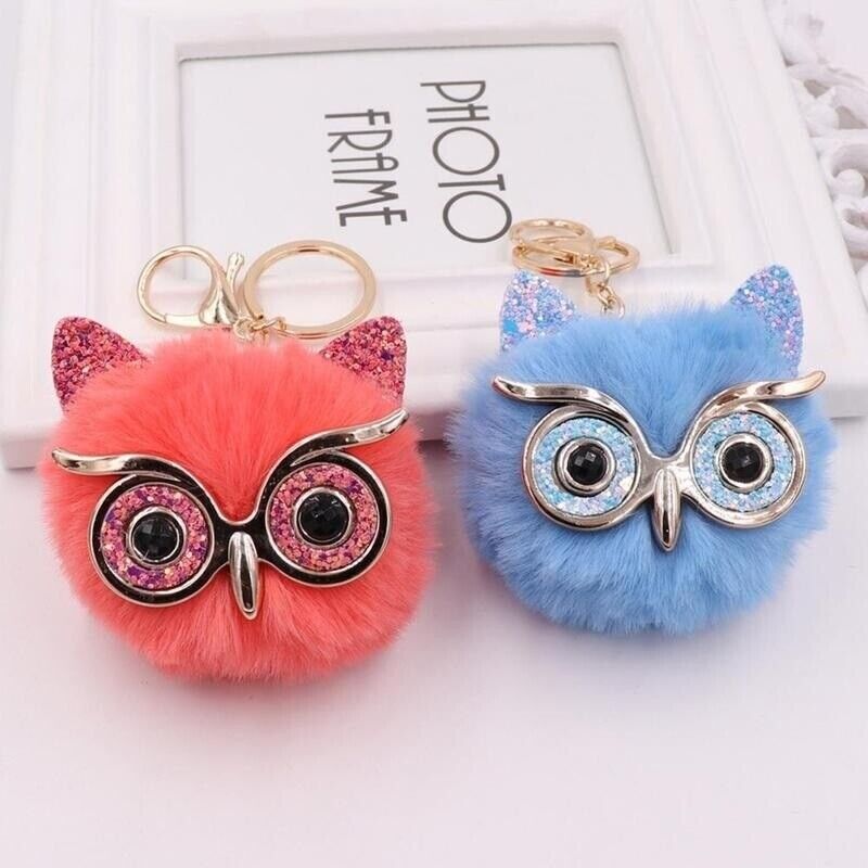 Owl Key Ring Key Chain Rabbit Fur Fluffy Ball Pom Handbag Key Ring (19 Colours)