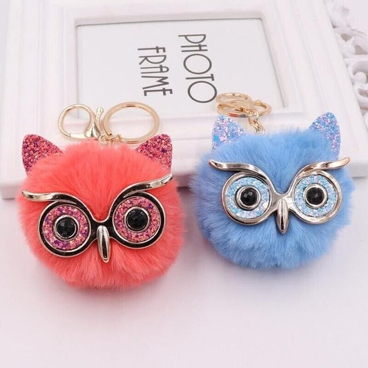 Owl Key Ring Key Chain Rabbit Fur Fluffy Ball Pom Handbag Key Ring (19 Colours)