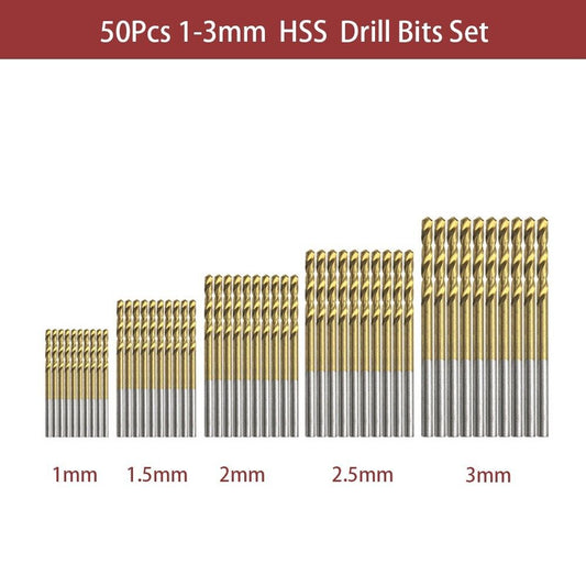 50pcs Titanium Coated Drill Bit HSS High Speed Steel Drill Bits 1/1.5/2/2.5/3mm