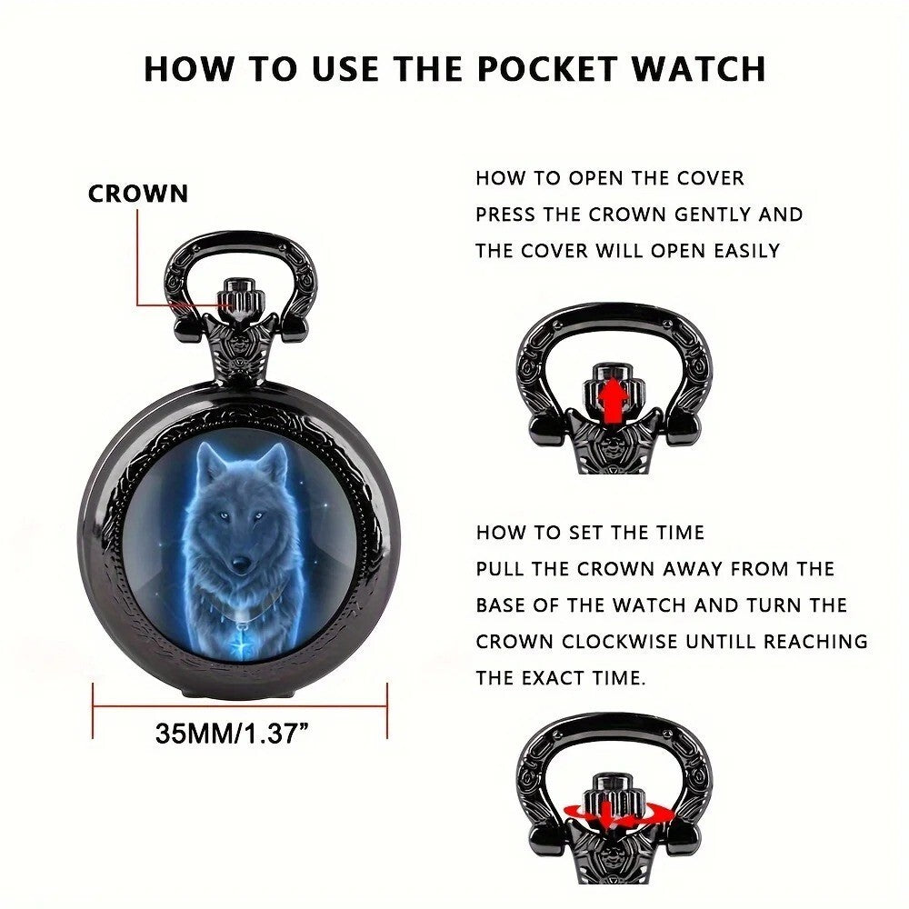 Wolf Animal Pattern Quartz Pocket Watch with Necklace Pendant World Time Feature