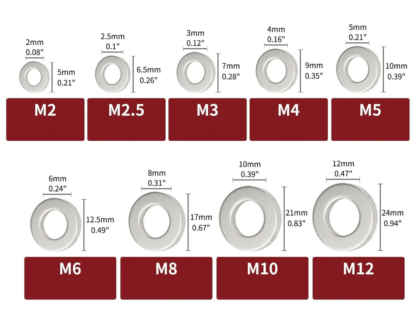304 Stainless Steel Flat Washers M2 M2.5 M3 M4 M5 M6 M8 M10 M12