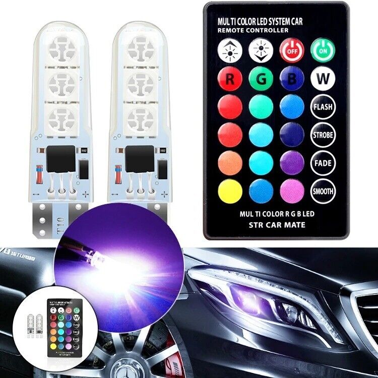 2x Car LED Wide Light Silicone Bulbs T10 RGB 5050 6SMD with Remote Control