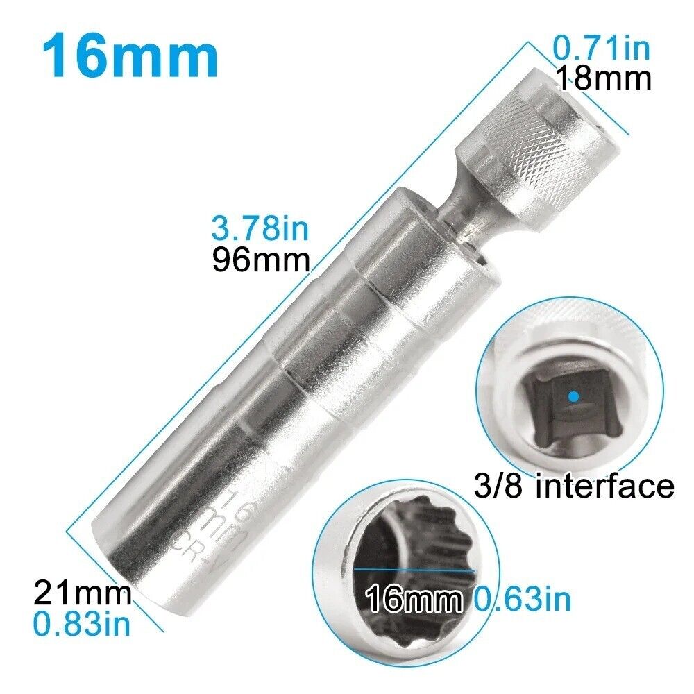 Universal Magnetic Spark Plug Sleeve Thin Walled Universal Joint 16mm 12 Pt 3/8