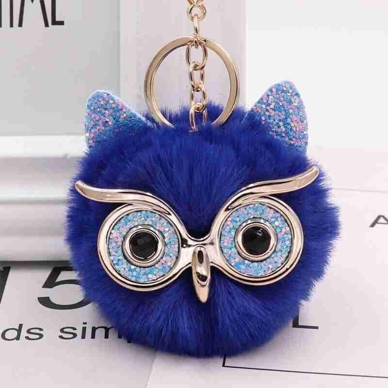 Owl Key Ring Key Chain Rabbit Fur Fluffy Ball Pom Handbag Key Ring (19 Colours)