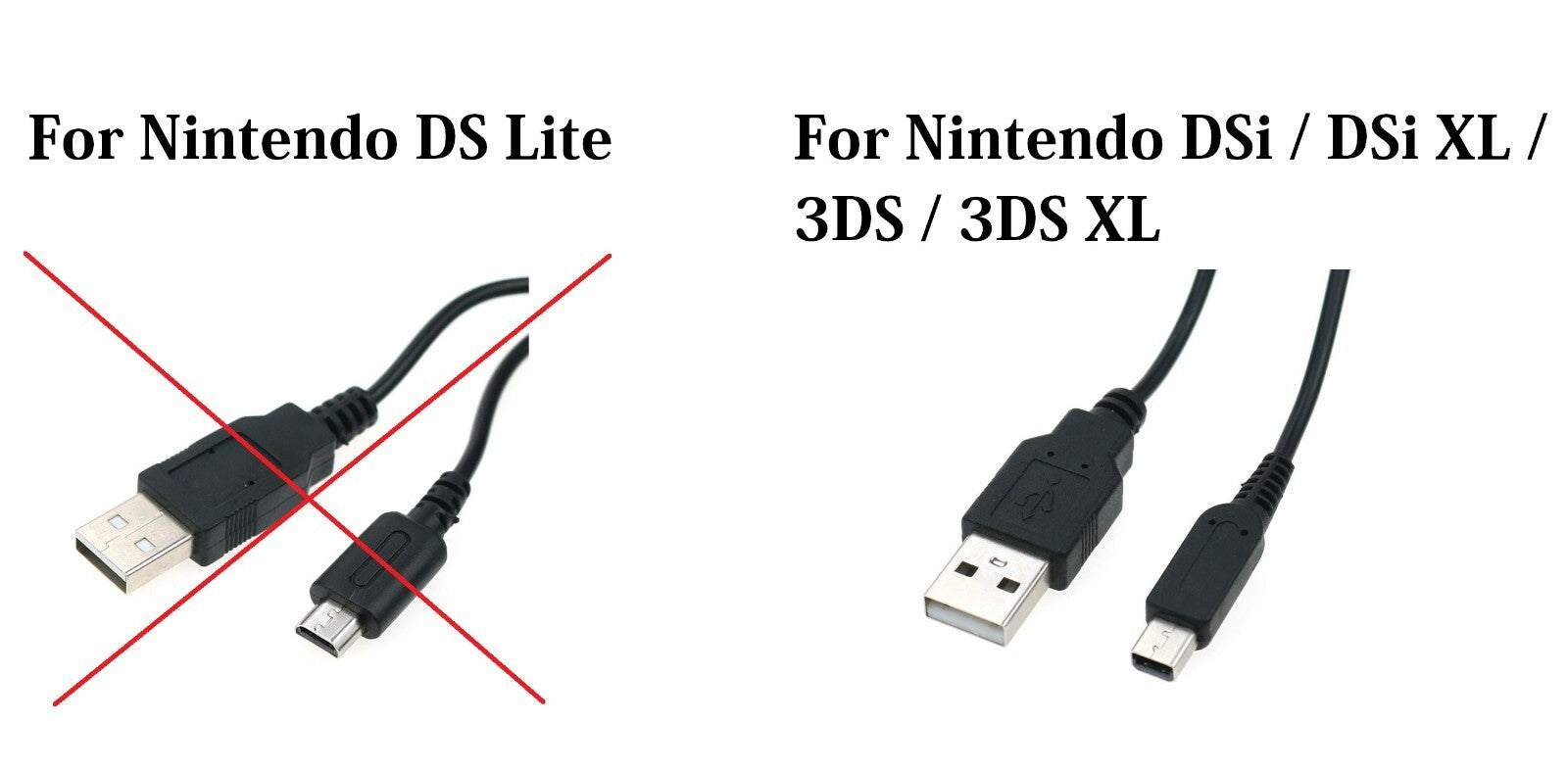 2x USB Charging Power Cables for Nintendo DSi DSi XL 3DS 3DS XL