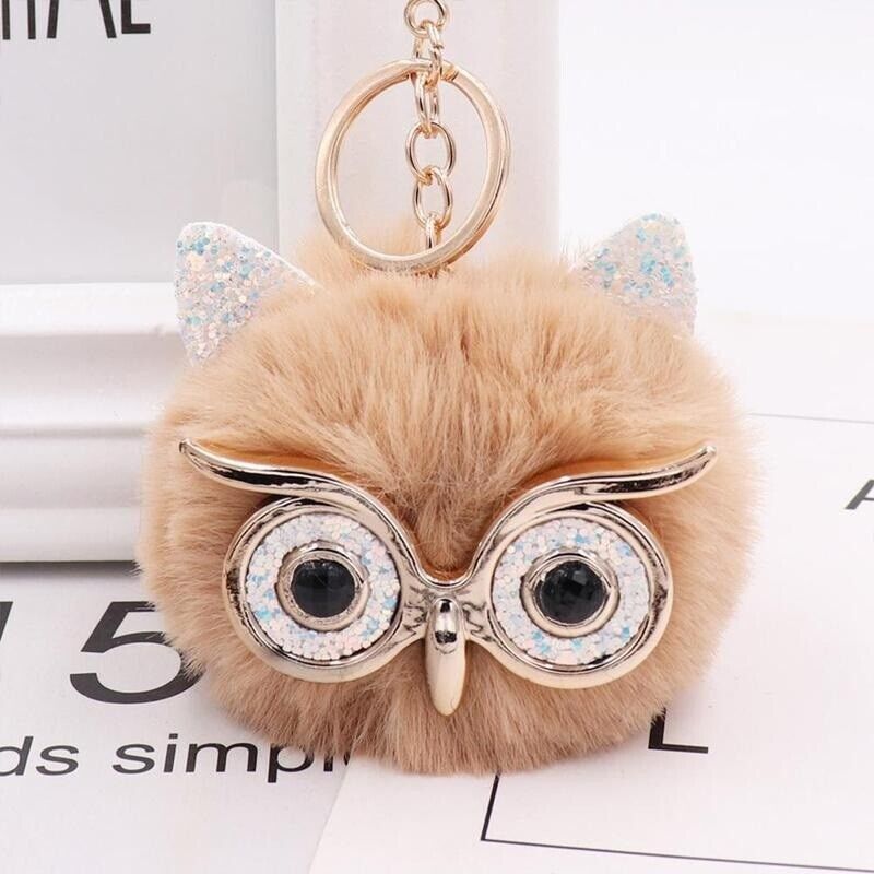 Owl Key Ring Key Chain Rabbit Fur Fluffy Ball Pom Handbag Key Ring (19 Colours)