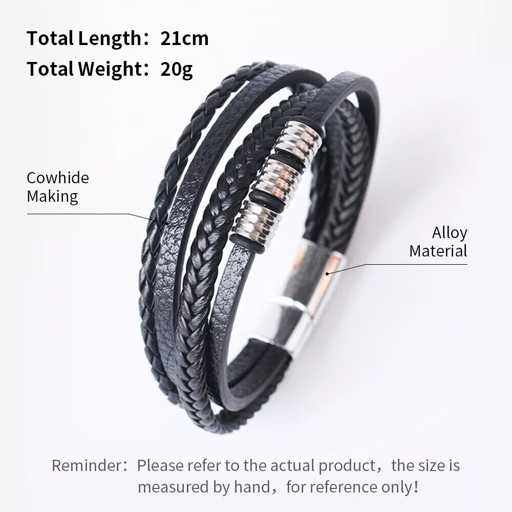 Leather Bracelets for Men Stainless Steel Bracelet 21CM Multilayer Braided Rope