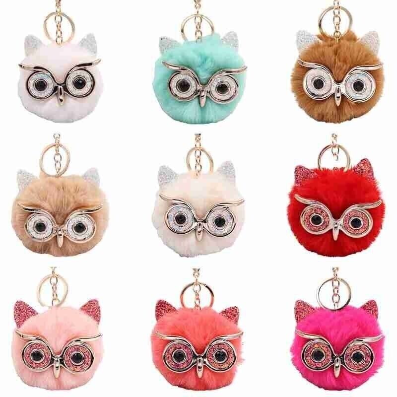 Owl Key Ring Key Chain Rabbit Fur Fluffy Ball Pom Handbag Key Ring (19 Colours)