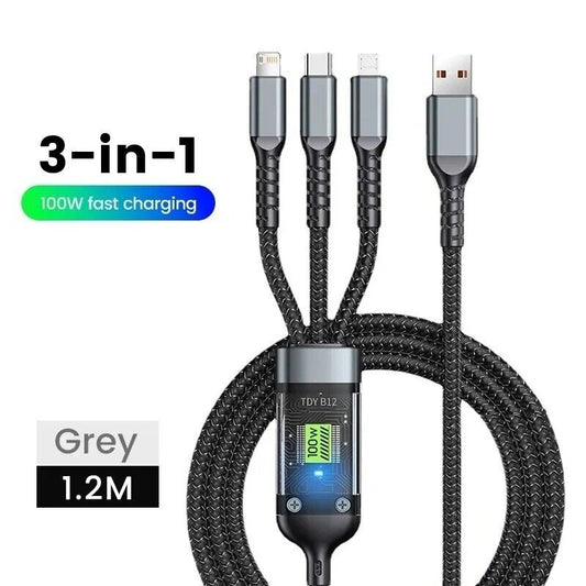 100W 3 in 1 USB Cable Type C Cable for Samsung Xiaomi Huawei Iphone Charger