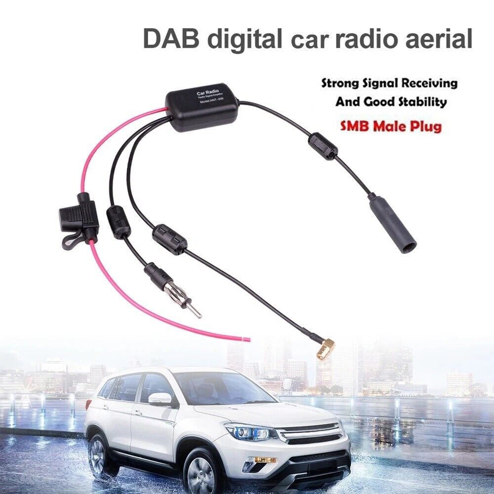 DAB+FM+Car Stereo Antenna Aerial Splitter Cable Adapter 12V Signal Amplifier