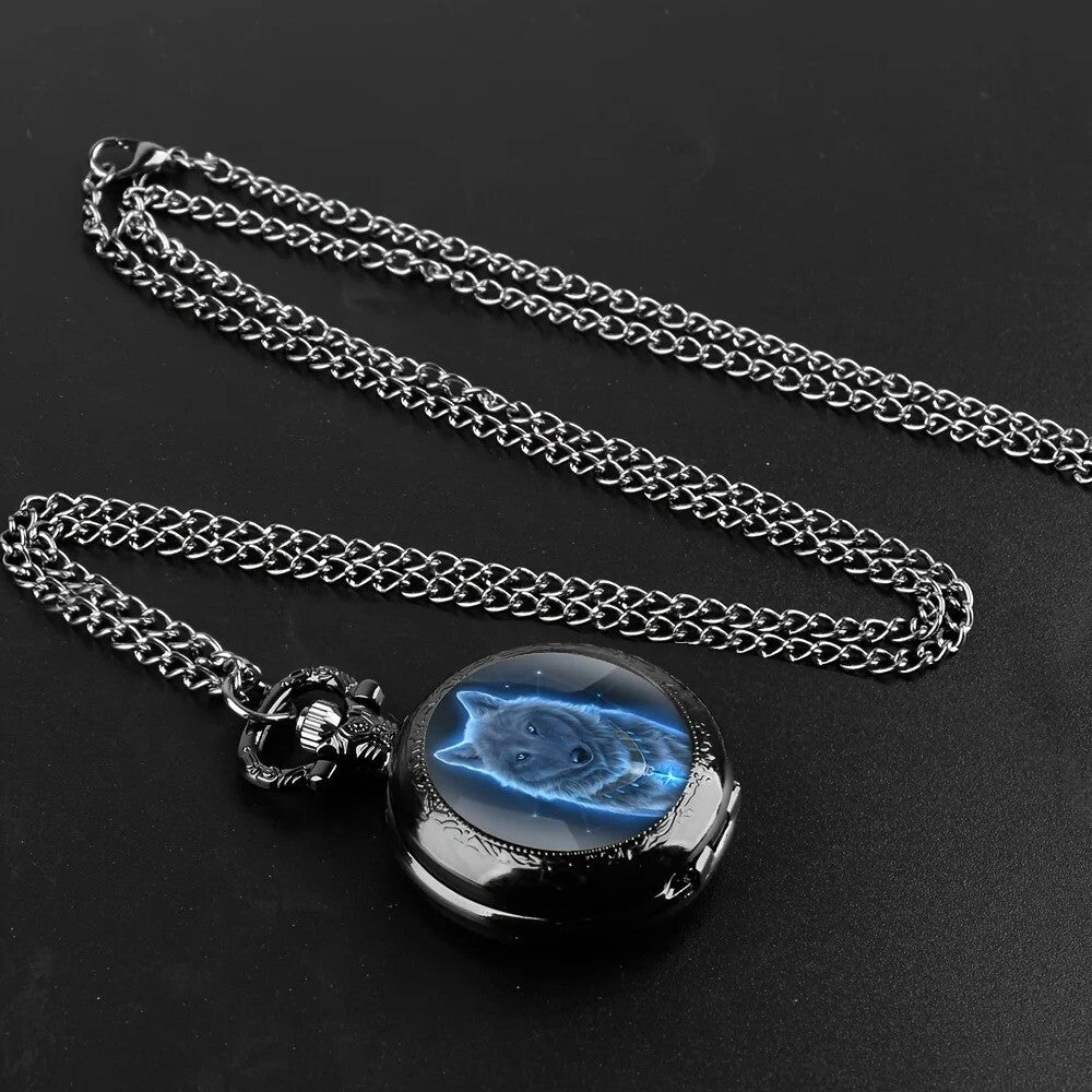 Wolf Animal Pattern Quartz Pocket Watch with Necklace Pendant World Time Feature