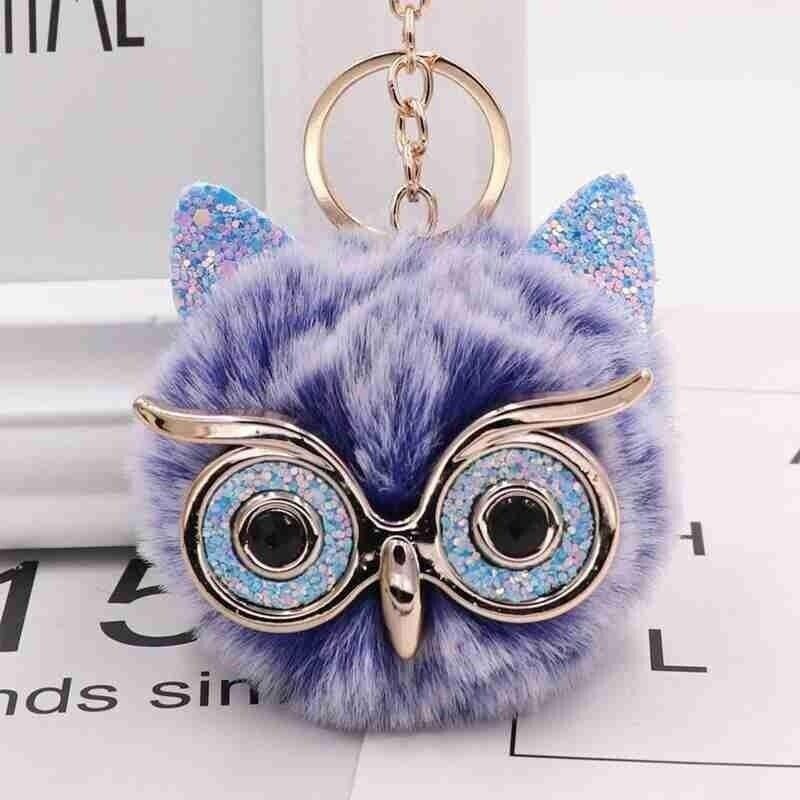 Owl Key Ring Key Chain Rabbit Fur Fluffy Ball Pom Handbag Key Ring (19 Colours)