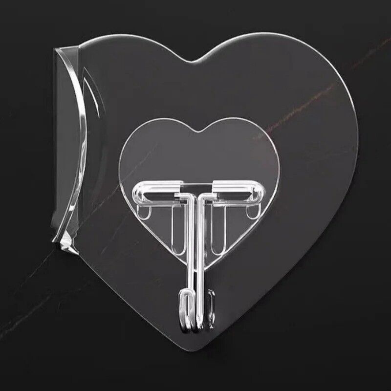 4x Self-Adhesive Transparent Hooks Bathroom Towel Clothes Storage Sticker Heart