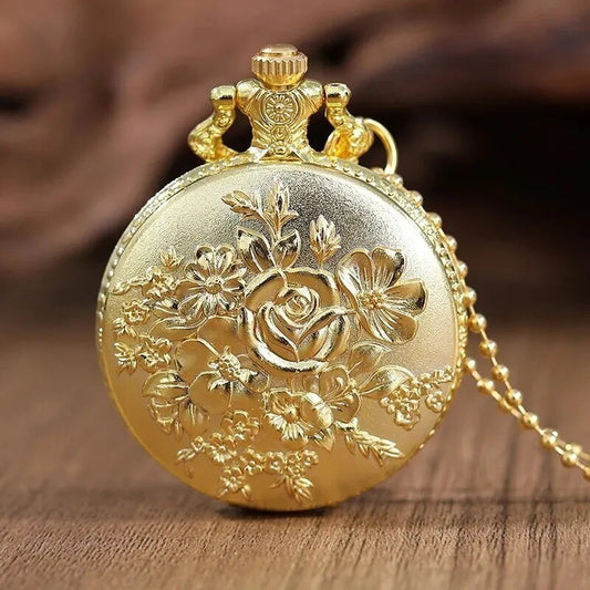 Gold Flower Quartz Pocket Watch Double-sided Printing Fashion Design Pendant