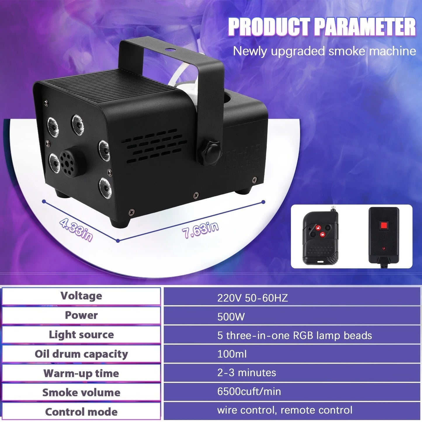 Smoke Machine for DJ Disco Party 500W Fog Machine RGB LED Beads Wireless Remote