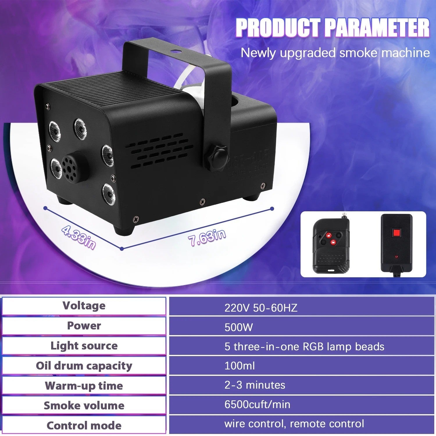 Smoke Machine for DJ Disco Party 500W Fog Machine RGB LED Beads Wireless Remote