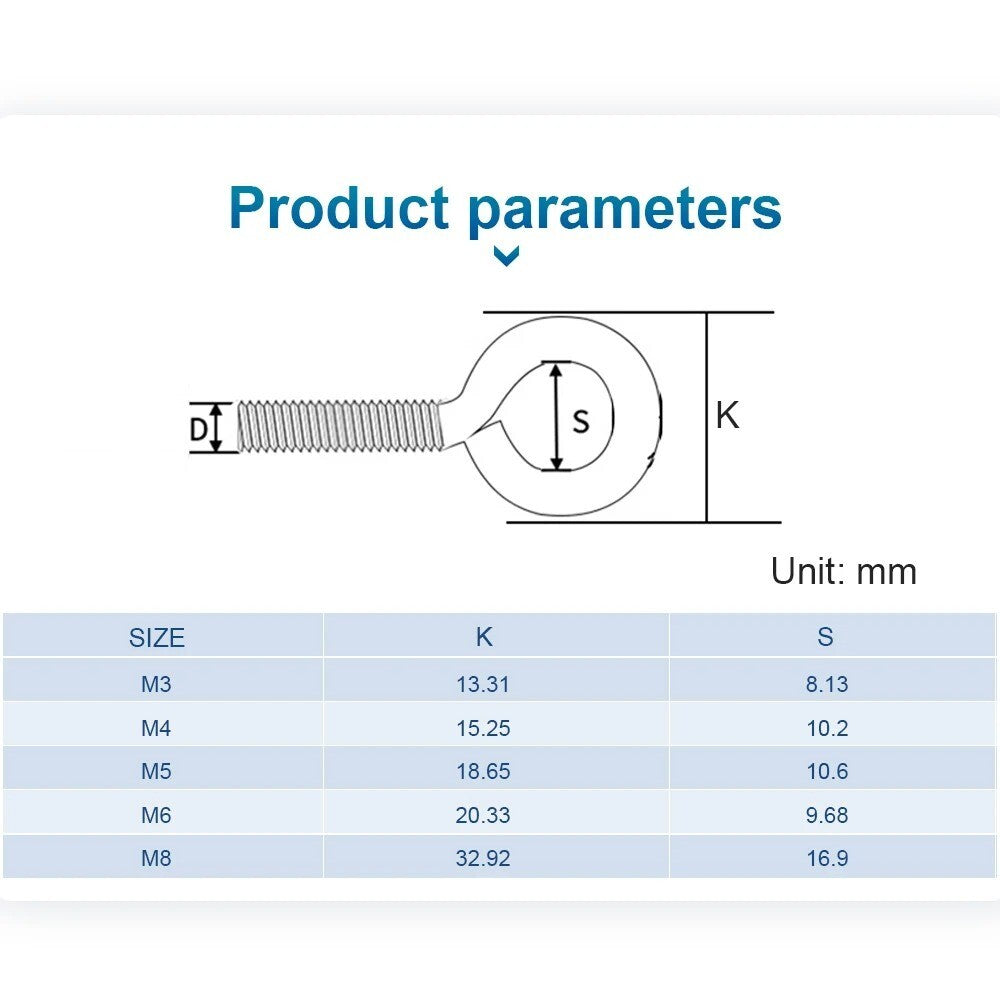 2x M5 12mm - 60mm Sheep Eye Screw Eyebolt Stainless Steel Ring Hook Ring Screws