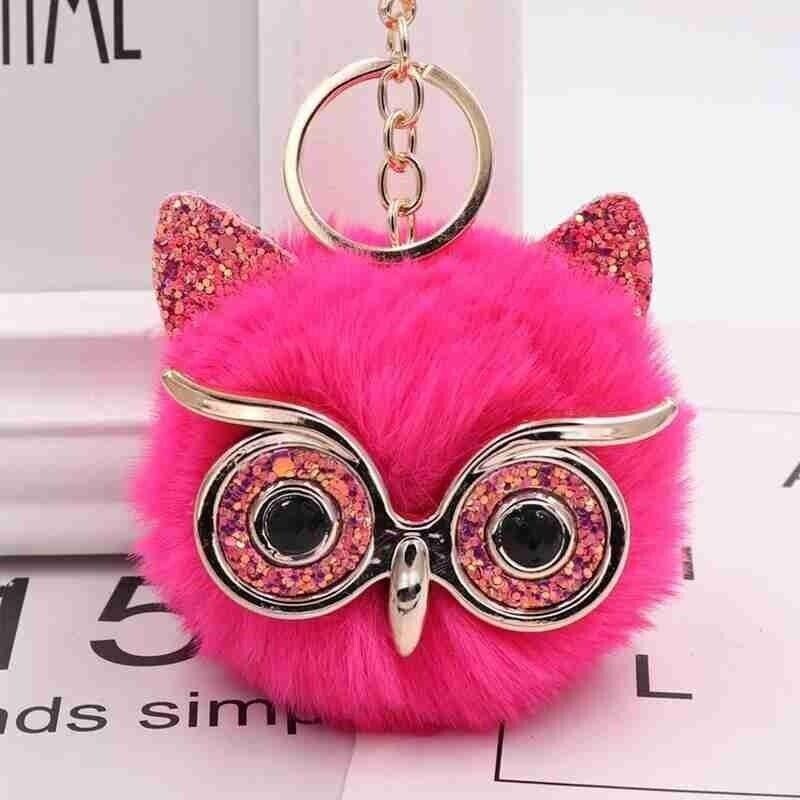 Owl Key Ring Key Chain Rabbit Fur Fluffy Ball Pom Handbag Key Ring (19 Colours)