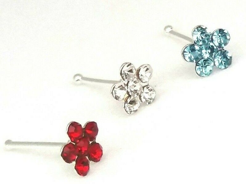 Flower Nose Stud Sterling Silver 925  Red Silver Blue