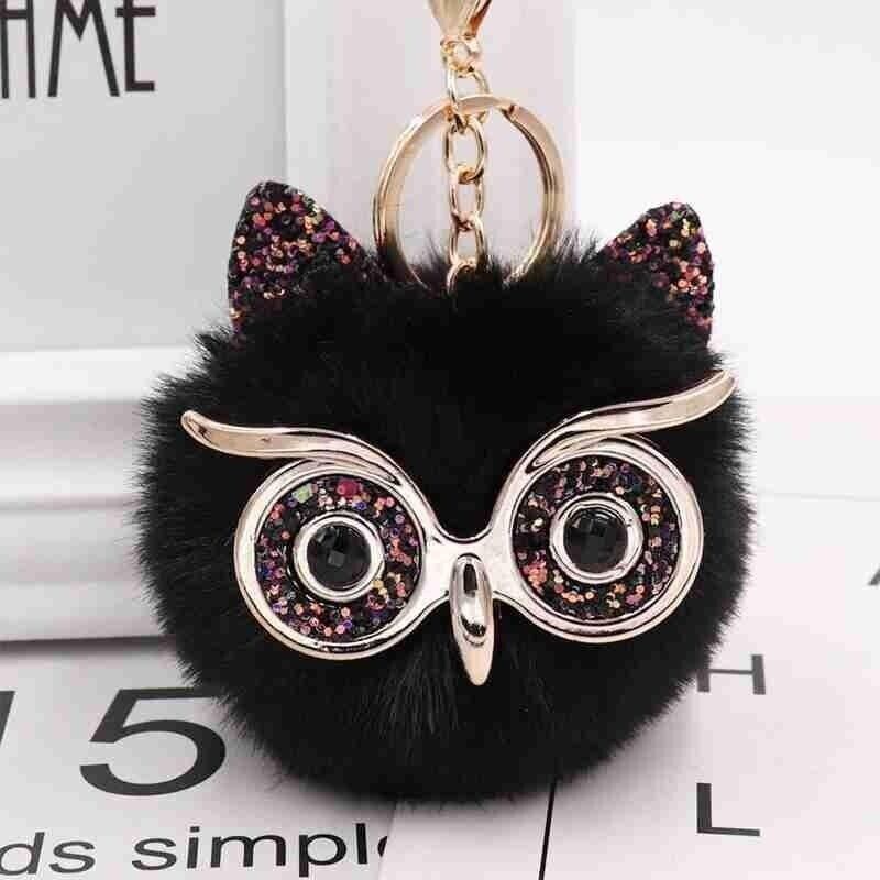 Owl Key Ring Key Chain Rabbit Fur Fluffy Ball Pom Handbag Key Ring (19 Colours)