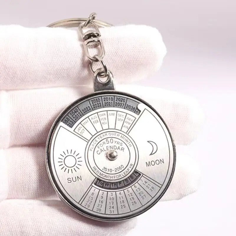 50 Years Perpetual Calendar Keychain Silver Alloy Keyring Key Decoration