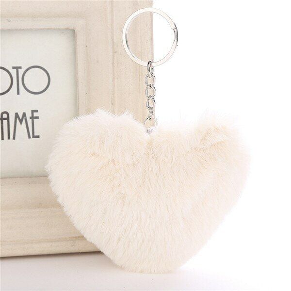 Heart Shape Keychain Faux Rabbit Fur Hand Bag Key Ring Pompom Fluffy