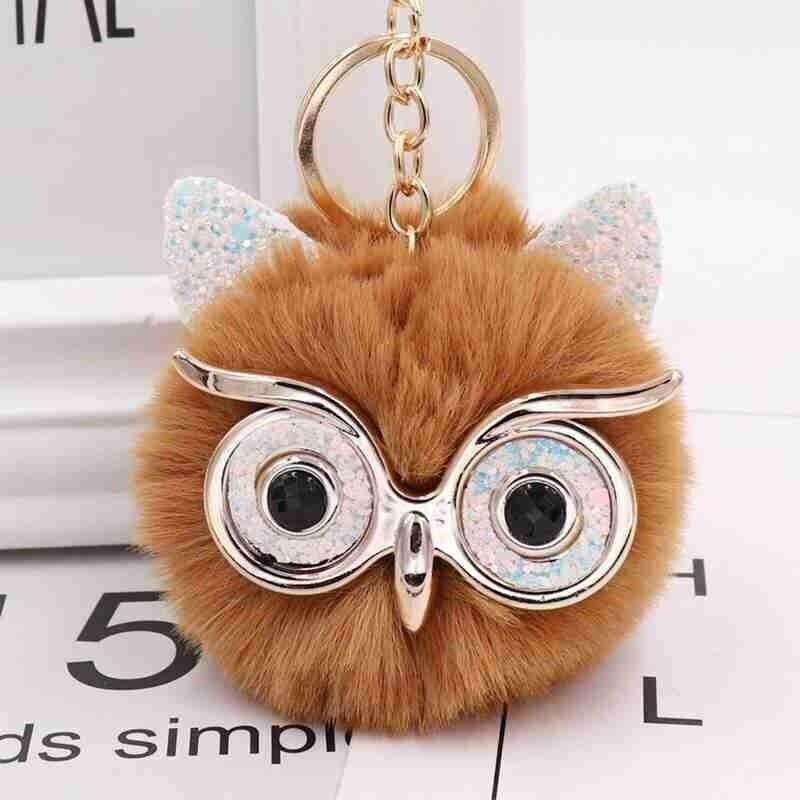 Owl Key Ring Key Chain Rabbit Fur Fluffy Ball Pom Handbag Key Ring (19 Colours)