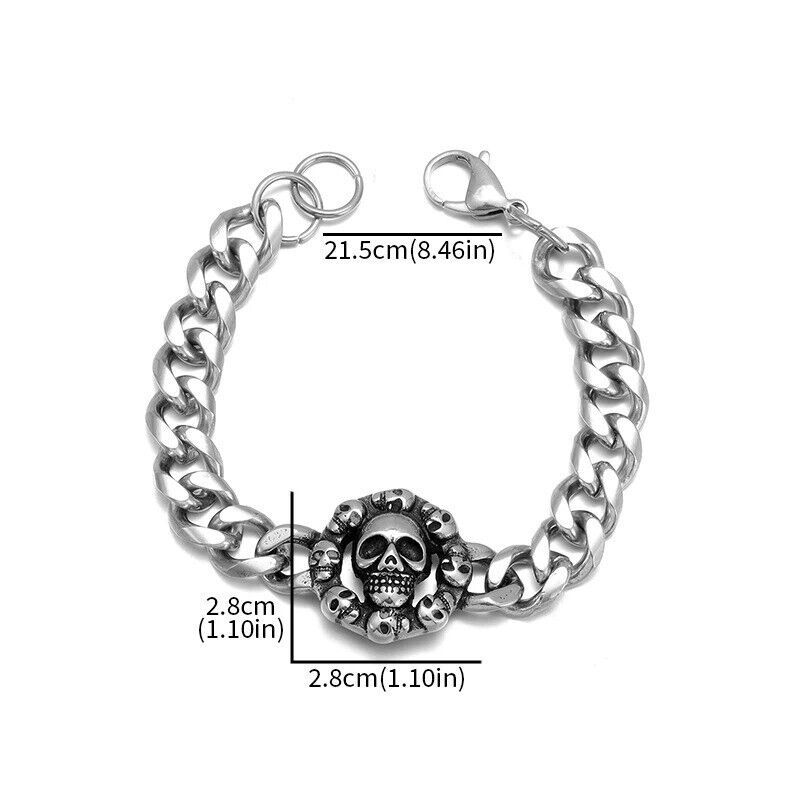 Retro Stainless Steel Gothic Full Skull Ghost Head Bracelet for Men Punk Motorcy