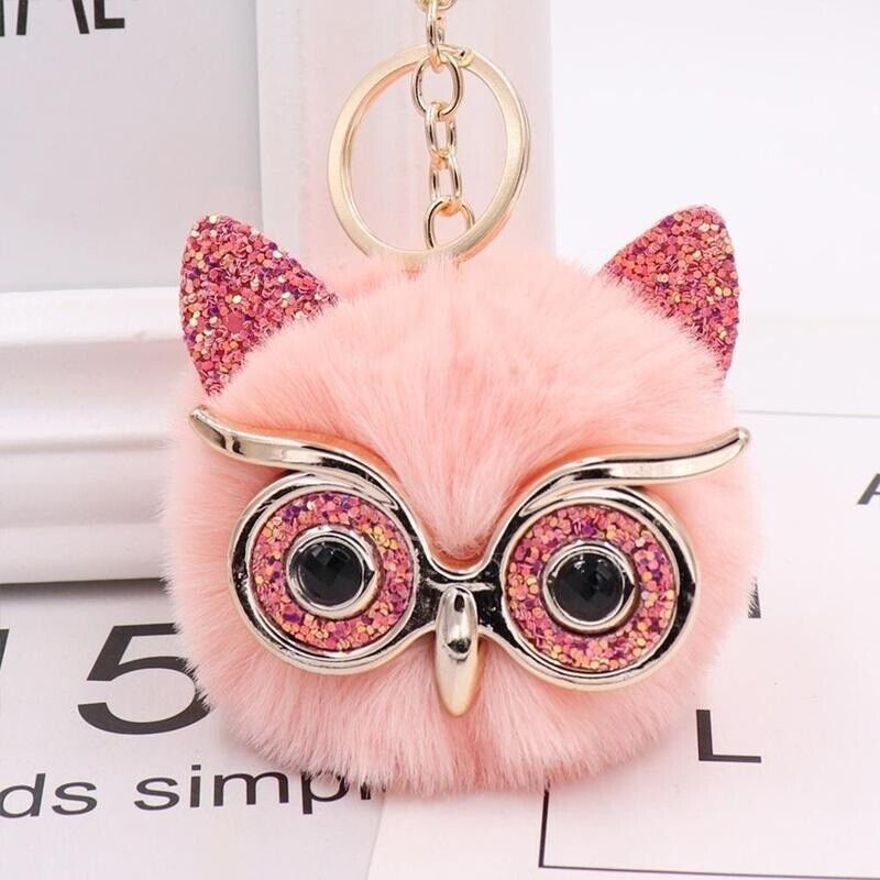 Owl Key Ring Key Chain Rabbit Fur Fluffy Ball Pom Handbag Key Ring (19 Colours)