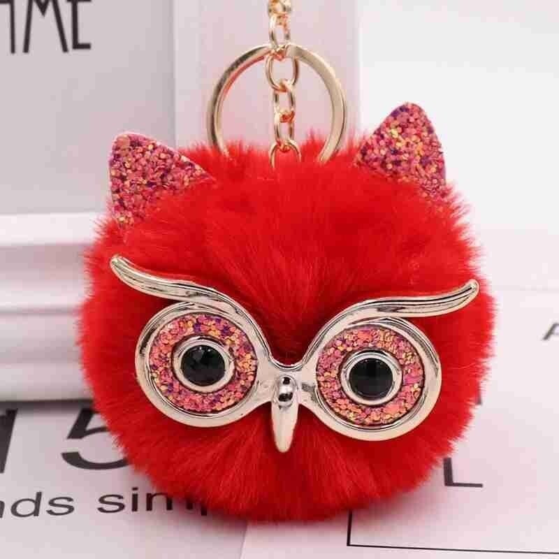 Owl Key Ring Key Chain Rabbit Fur Fluffy Ball Pom Handbag Key Ring (19 Colours)