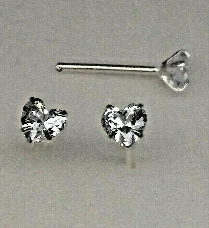 Heart Shape Clear Zircon Sterling Silver 925 Nose Stud 3mm (1x)