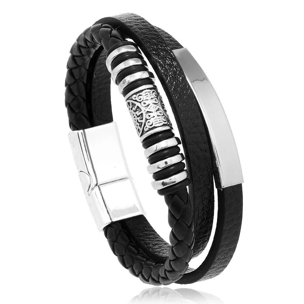 Leather Bracelets for Men Stainless Steel Bracelet 21CM Multilayer Braided Rope