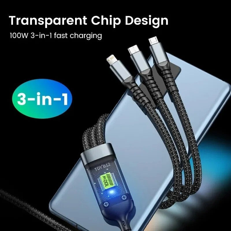 100W 3 in 1 USB Cable Type C Cable for Samsung Xiaomi Huawei Iphone Charger
